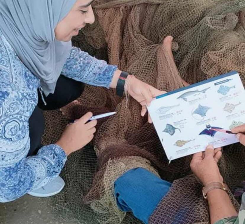 Women sorting and mending fishing nets on the shore
